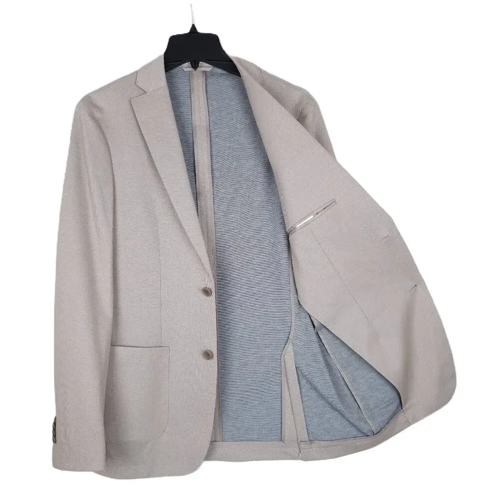 Bar III Mens Slim Fit Sport Coat Blazer 38L Beige Micro Zig Zag Stretch Knit NWT